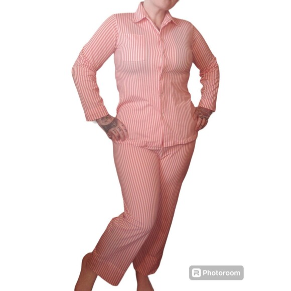 Vintage 1960s White And Red Striped Pajama Pants Top Set Dutchmaid - Picture 1 of 5